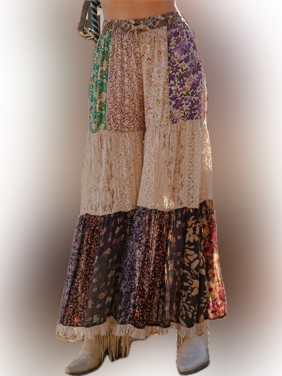 Young Threads Pants - NWT- Boho Patchwork Lace-Tier Wide Leg Pants in Multicolor Young Threads